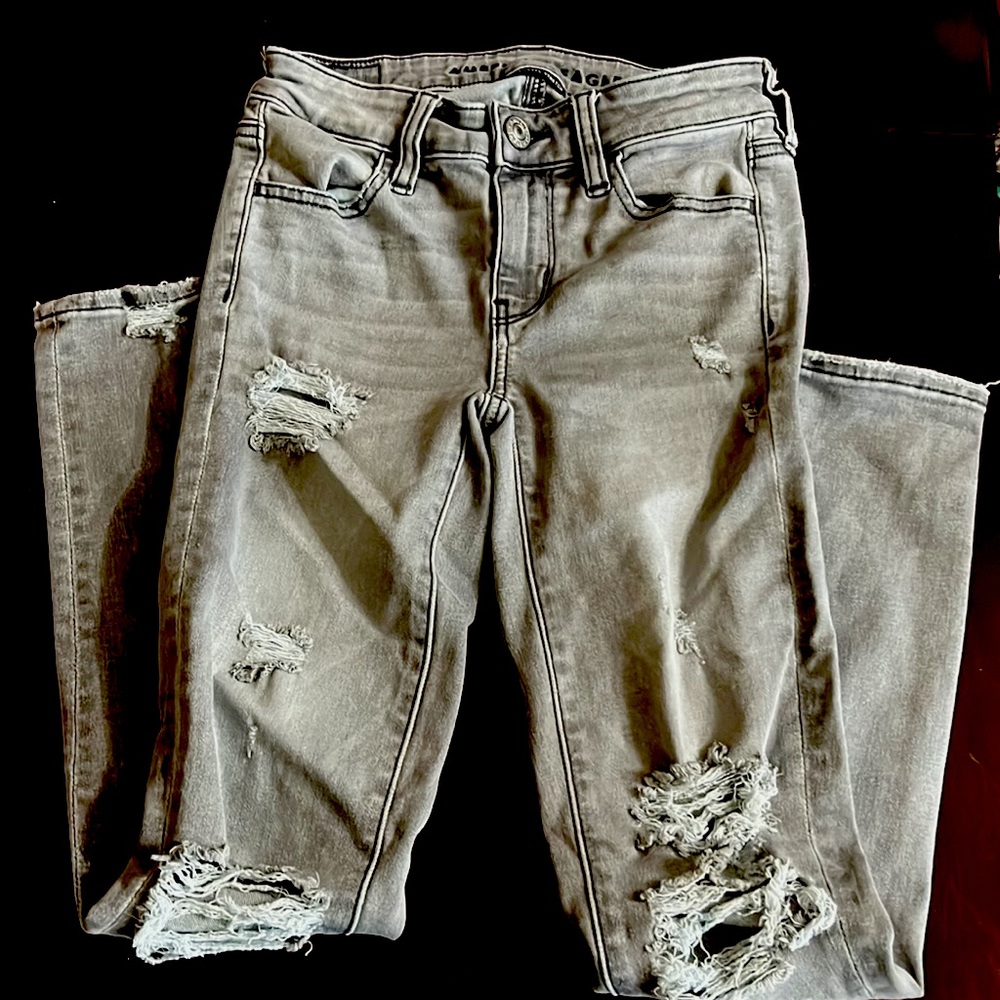 American Eagle, gray destructed jeans